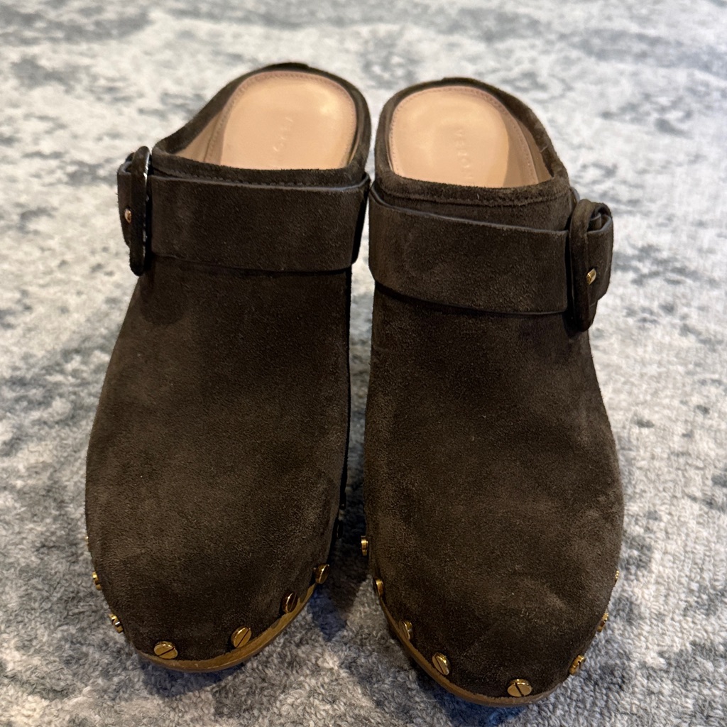 Veronica Beard Dark Brown Suede Studded Clogs